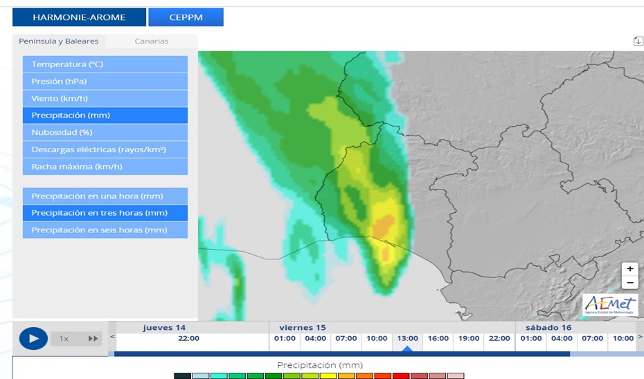 Mapa con la previsión de precipitaciones en Huelva.